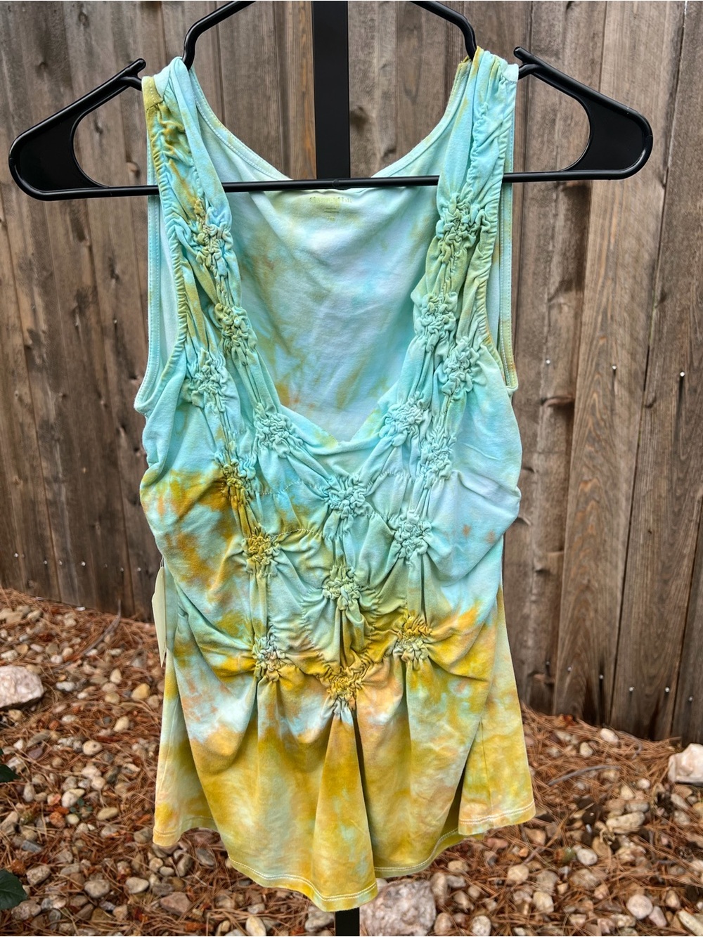 Garnet Hill Aqua & Gold Ice-Dye Smocked Tank Top
